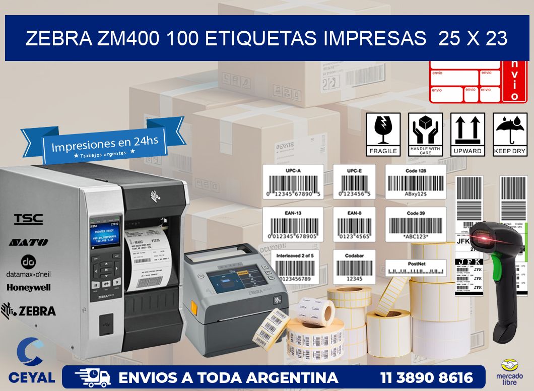 ZEBRA ZM400 100 ETIQUETAS IMPRESAS  25 x 23