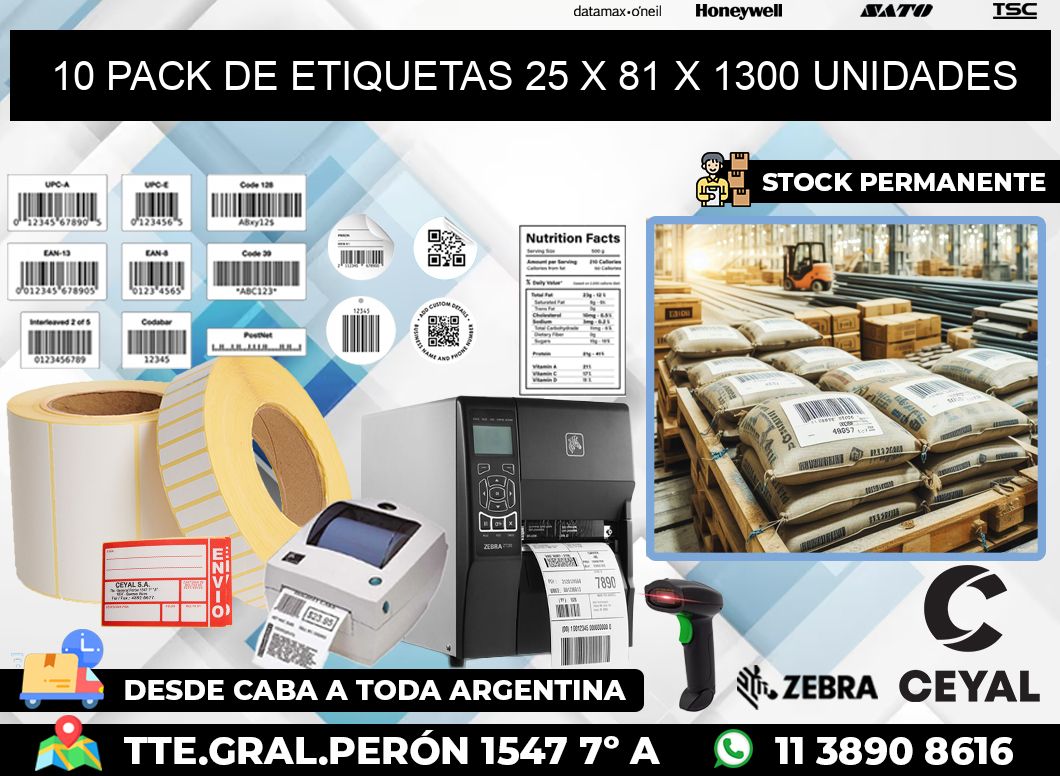 10 PACK DE ETIQUETAS 25 x 81 X 1300 UNIDADES