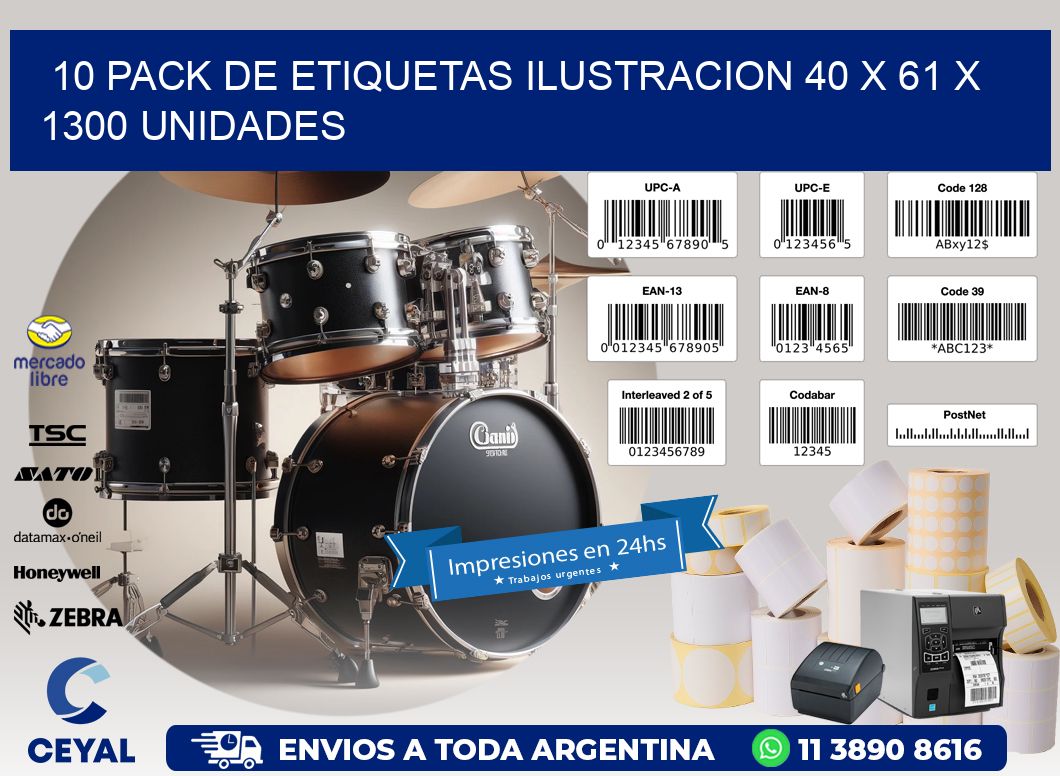 10 PACK DE ETIQUETAS ILUSTRACION 40 x 61 X 1300 UNIDADES