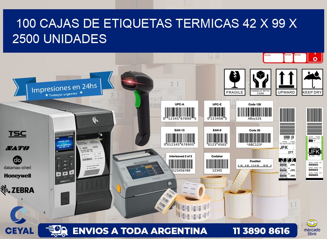 100 CAJAS DE ETIQUETAS TERMICAS 42 x 99 X 2500 UNIDADES