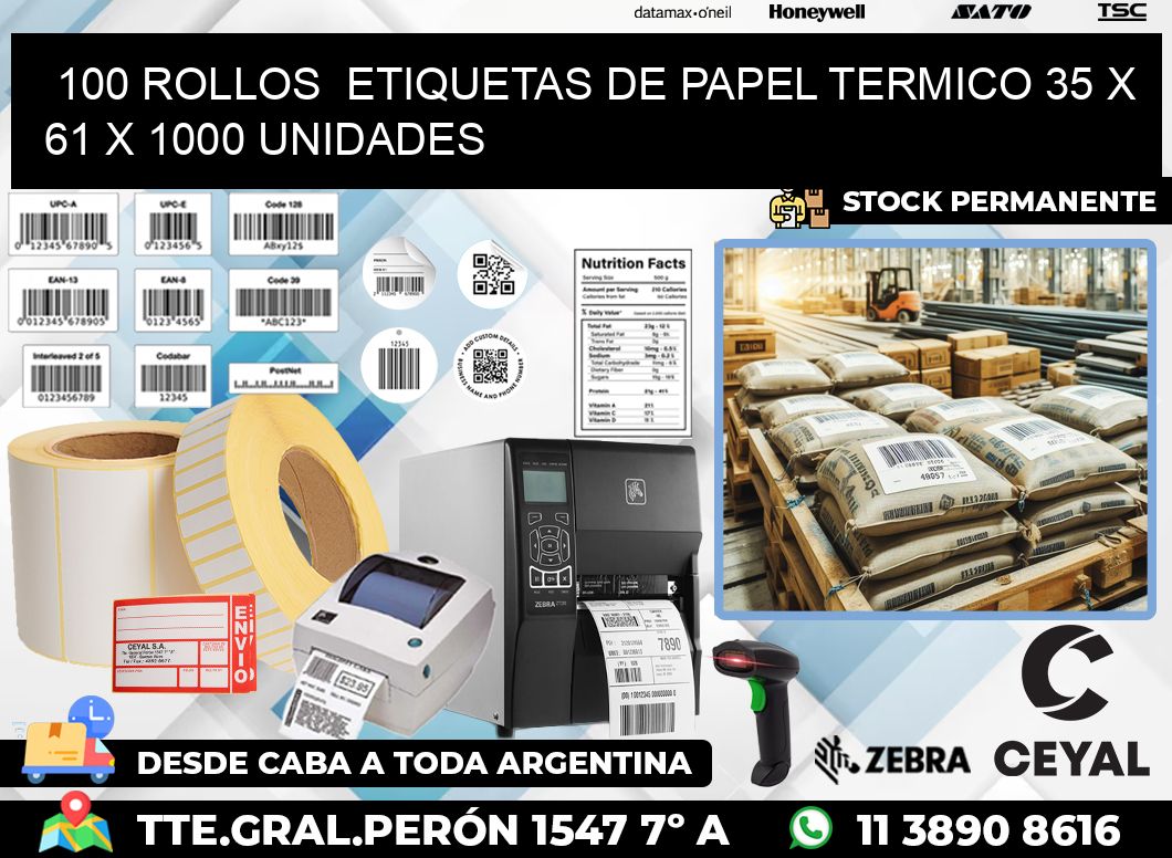 100 ROLLOS  ETIQUETAS DE PAPEL TERMICO 35 x 61 X 1000 UNIDADES