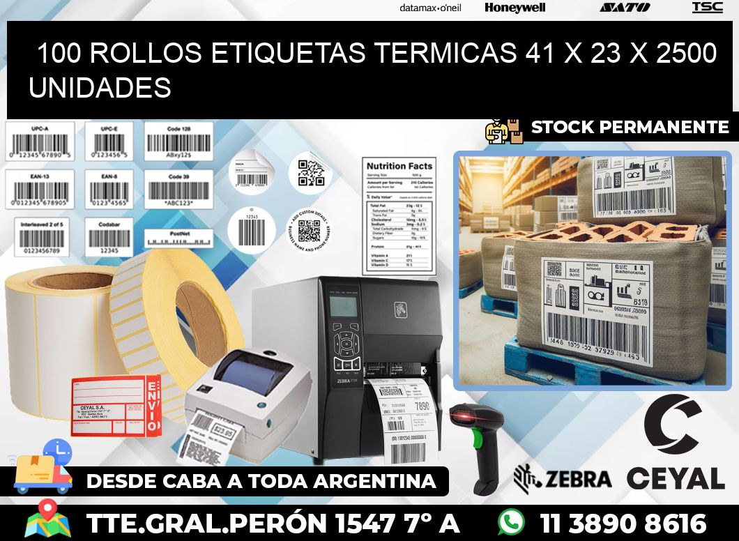 100 ROLLOS ETIQUETAS TERMICAS 41 x 23 X 2500 UNIDADES