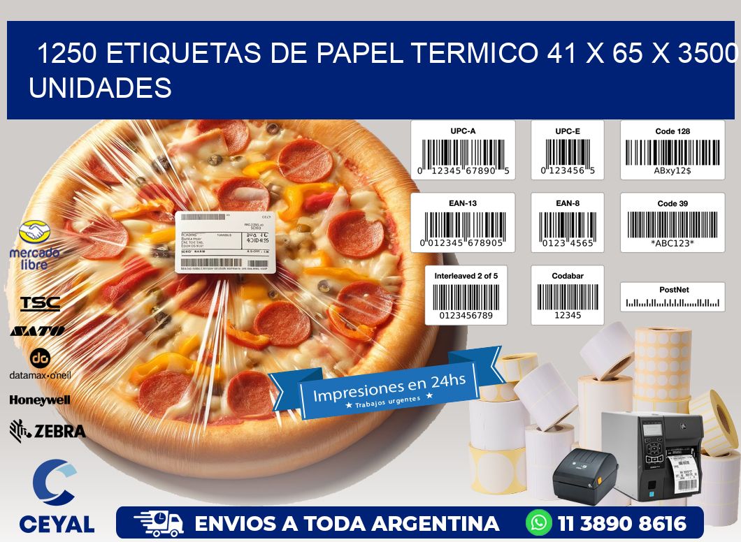 1250 ETIQUETAS DE PAPEL TERMICO 41 x 65 X 3500 UNIDADES