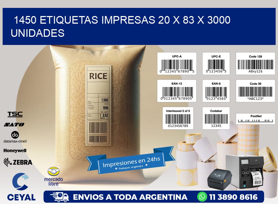 1450 ETIQUETAS IMPRESAS 20 x 83 X 3000 UNIDADES