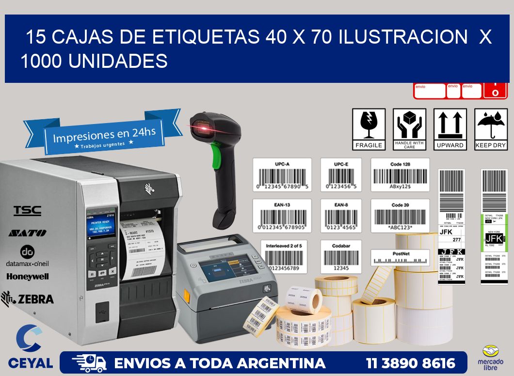 15 CAJAS DE ETIQUETAS 40 x 70 ILUSTRACION  X 1000 UNIDADES