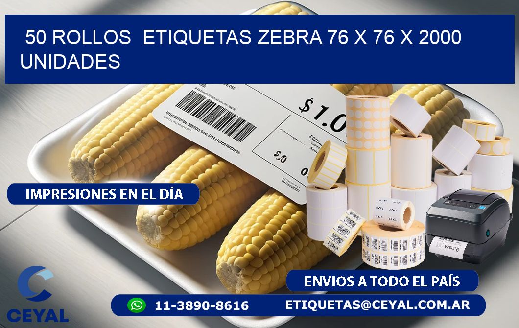 50 ROLLOS  ETIQUETAS ZEBRA 76 x 76 X 2000 UNIDADES