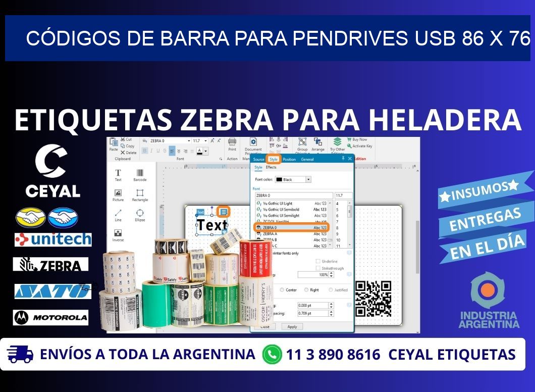 CÓDIGOS DE BARRA PARA PENDRIVES USB 86 x 76