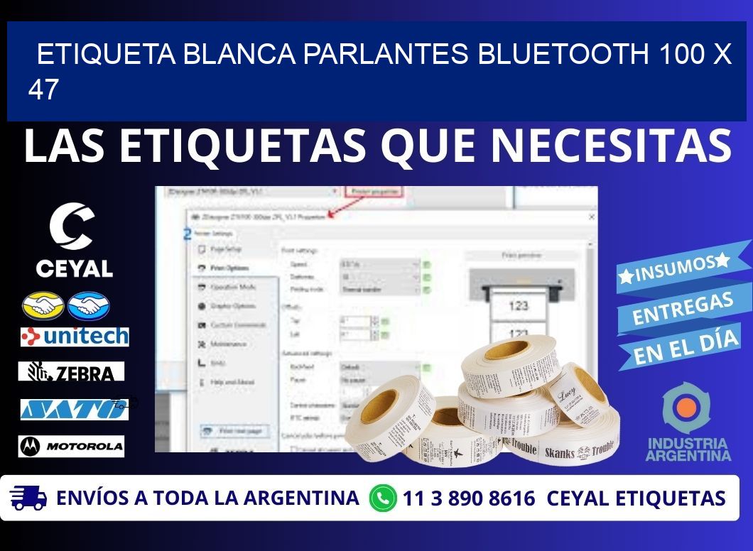 ETIQUETA BLANCA PARLANTES BLUETOOTH 100 x 47