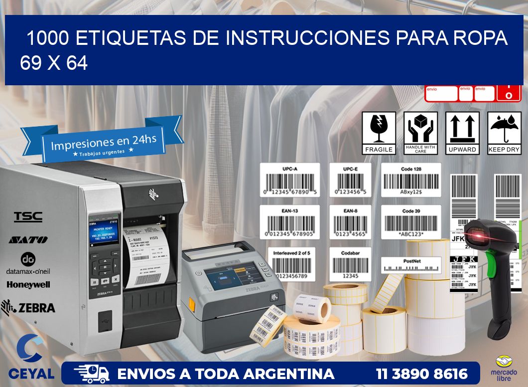 1000 ETIQUETAS DE INSTRUCCIONES PARA ROPA 69 x 64