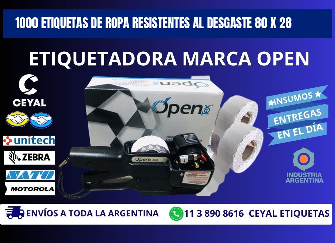 1000 ETIQUETAS DE ROPA RESISTENTES AL DESGASTE 80 x 28