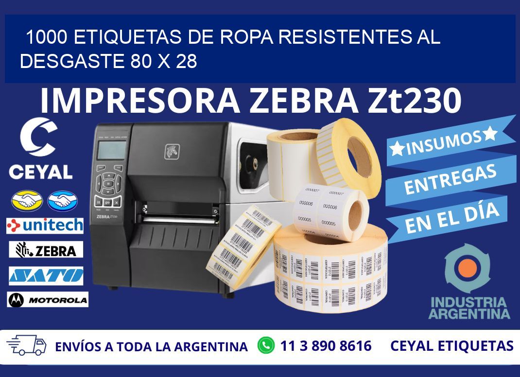 1000 ETIQUETAS DE ROPA RESISTENTES AL DESGASTE 80 x 28