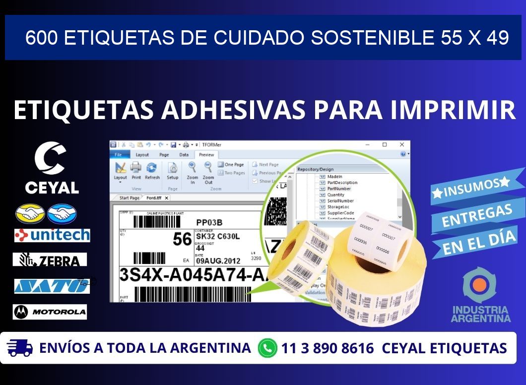 600 ETIQUETAS DE CUIDADO SOSTENIBLE 55 x 49