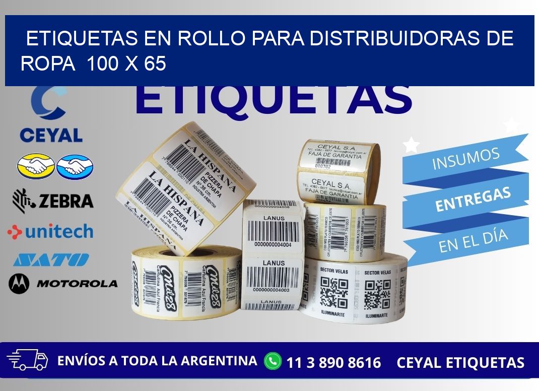 ETIQUETAS EN ROLLO PARA DISTRIBUIDORAS DE ROPA  100 x 65