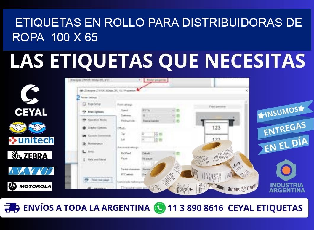 ETIQUETAS EN ROLLO PARA DISTRIBUIDORAS DE ROPA  100 x 65