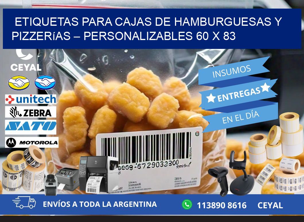 Etiquetas para cajas de hamburguesas y pizzerías – Personalizables 60 x 83