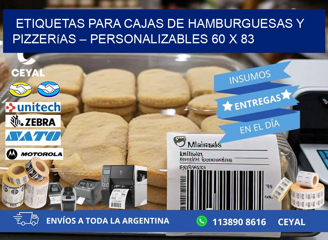 Etiquetas para cajas de hamburguesas y pizzerías – Personalizables 60 x 83