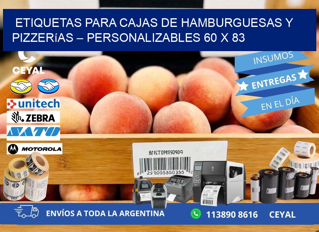 Etiquetas para cajas de hamburguesas y pizzerías – Personalizables 60 x 83