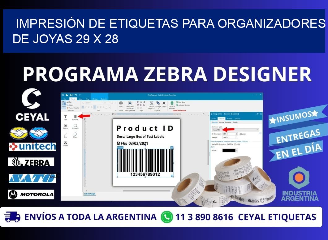 IMPRESIÓN DE ETIQUETAS PARA ORGANIZADORES DE JOYAS 29 x 28