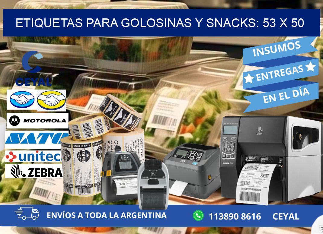 ETIQUETAS PARA GOLOSINAS Y SNACKS: 53 x 50