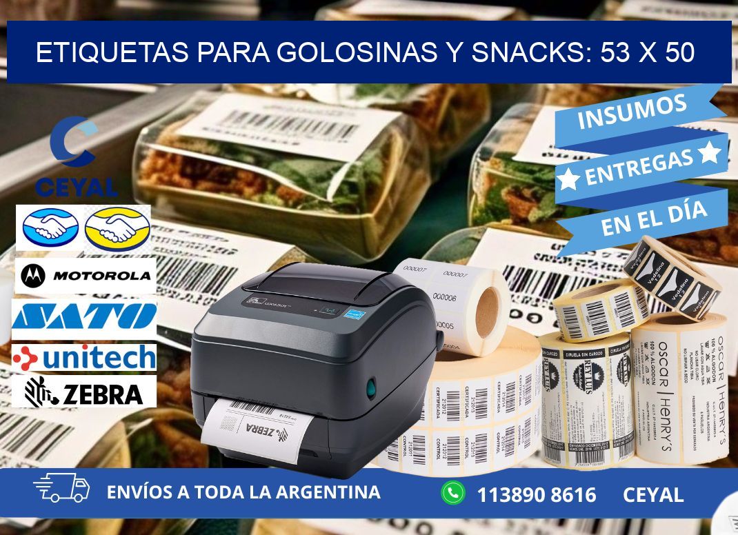 ETIQUETAS PARA GOLOSINAS Y SNACKS: 53 x 50